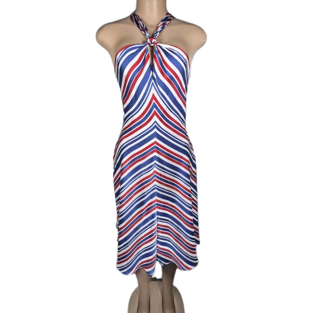 Lauren Ralph Lauren Y2K Halter Midi Dress Nautical Chevron Stripe Red White Blue